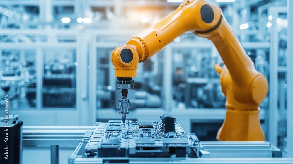 Poster a high-tech robotic arm assembling intricate electronic components in a modern factory setting showc