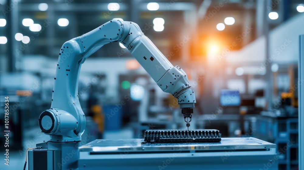 Poster a high-tech robotic arm assembling intricate electronic components in a modern factory setting showc