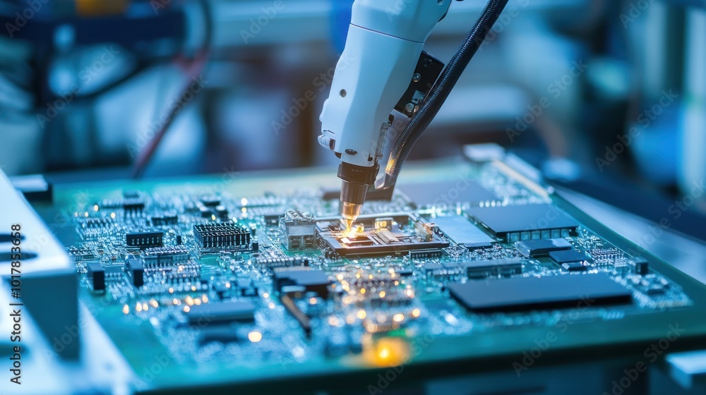 Poster a high-tech robotic arm assembling intricate electronic components in a modern factory setting showc