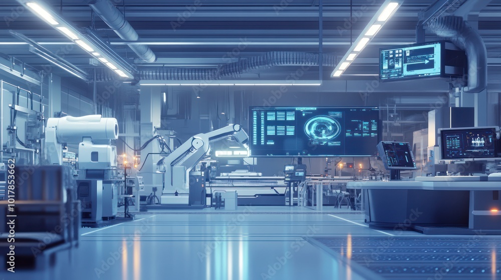 Poster a modern factory floor with advanced robotics and automated machinery, engineers overseeing producti
