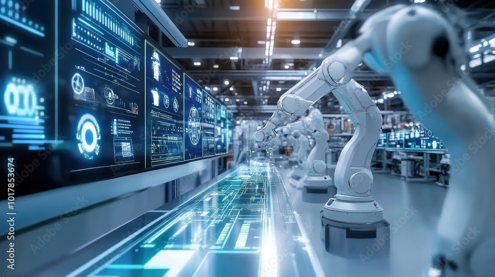 Poster a modern factory floor with advanced robotics and automated machinery, engineers overseeing producti
