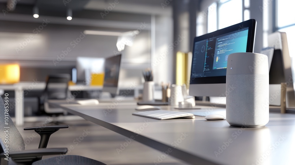 Poster a modern office setting featuring a smart assistant device on a sleek desk, interacting with a user 