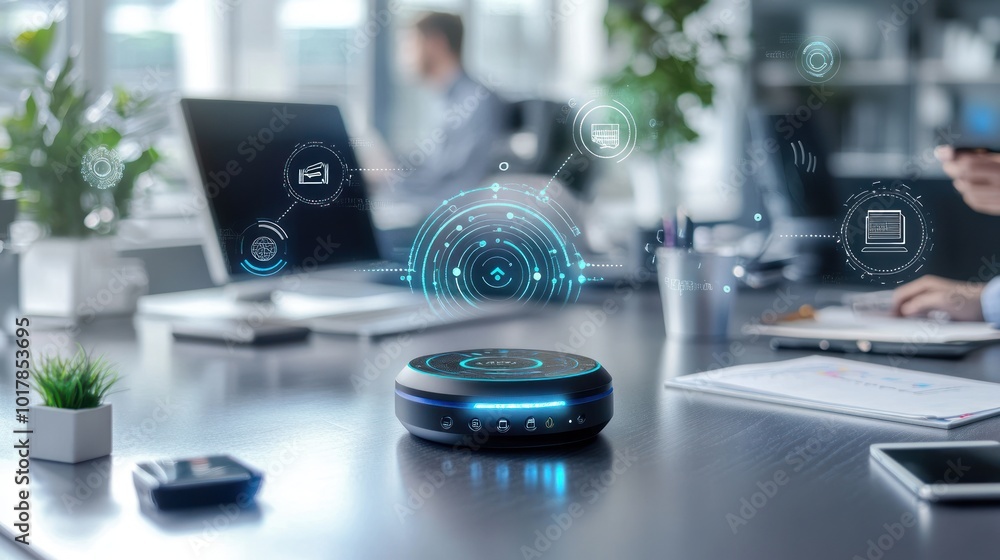 Poster a modern office setting featuring a smart assistant device on a sleek desk, interacting with a user 
