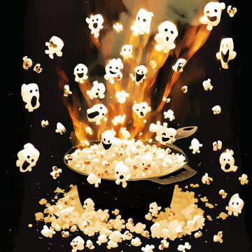 Un olla llena de palomitas de ma&iacute;z explotando por los aires, al salir disparadas de la olla tiene forma de fantasmas de halloween con caras de susto o sonrientes, luz en llamas. Fondo oscuro negro.
