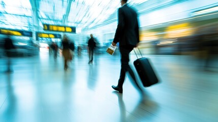 Obraz premium A professional walking through an airport terminal with a rolling suitcase and boarding pass in hand, business attire, blurred motion of other travelers in the background, 