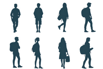 Silhouette of diverse people walking and standing with backpacks, capturing urban lifestyle and daily commute.