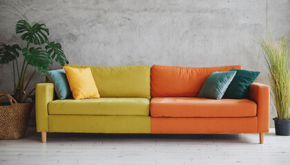 Closeup Minimalist Modern Living Room Interior with Multicolored Sofa Against Concrete Wall