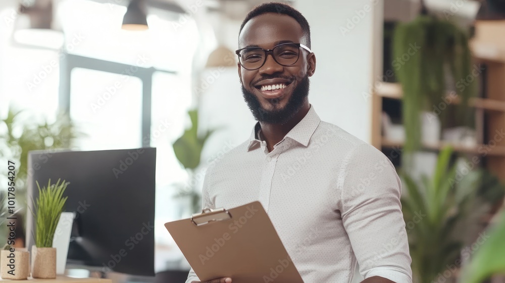 Poster a smiling worker in a modern office setting, holding a clipboard while standing near a desk with a c