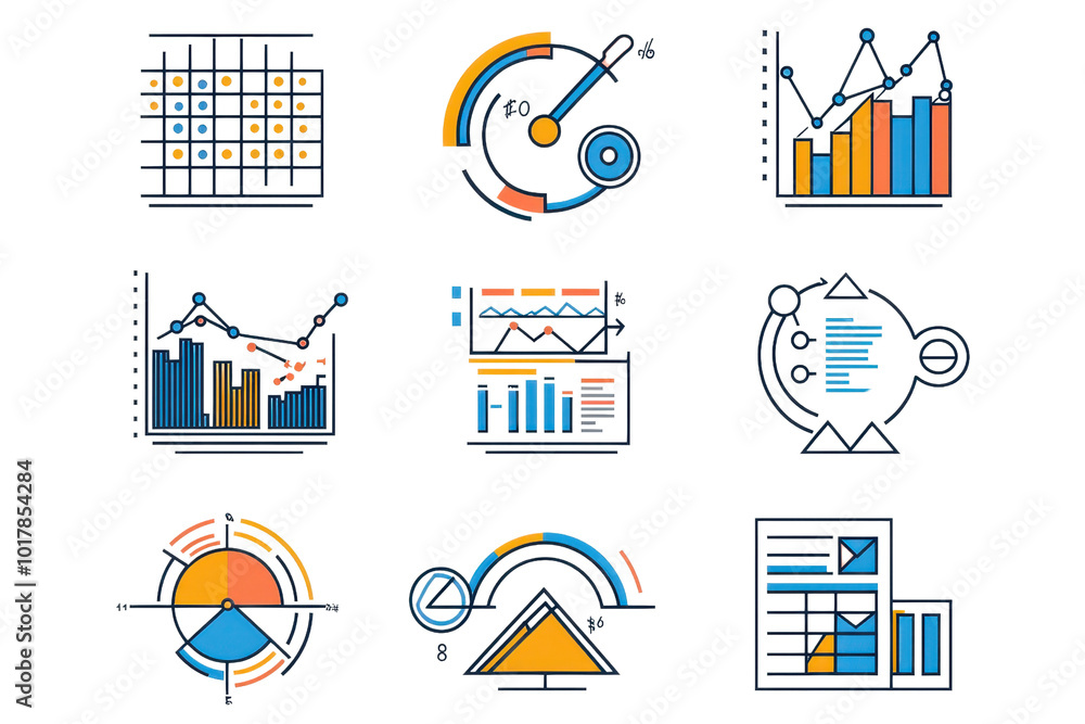 Poster colorful vector illustrations depicting various data charts, graphs, and analytics with abstract des