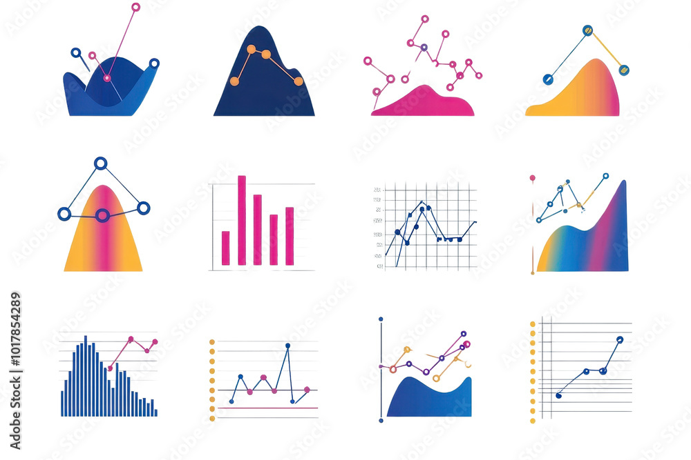 Poster colorful data visualization icons, representing various graph styles and analytics, perfect for busi