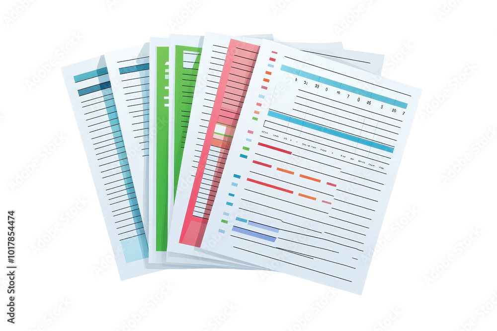 Poster colorful business report documents featuring data visualization and charts, ideal for presentations 