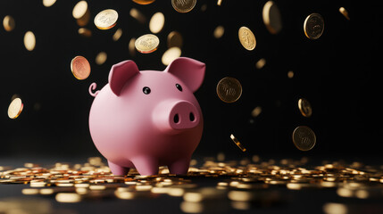 Coins falling into a pink piggy bank against a dark background showing the concept of saving money and financial growth