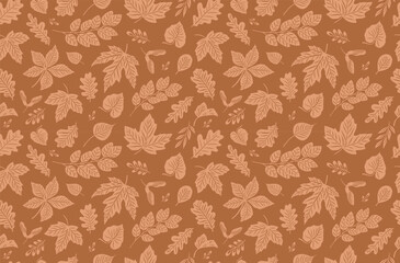 Autumn seamless pattern with berries, maple and oak leaves on white background. Perfect for wallpaper, wrapping paper, fabric, seasonal holidays. Hand drawn vector illustration