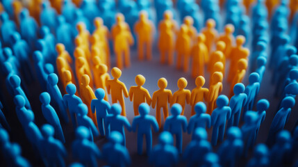 Obraz premium Blue and yellow figures standing in unity, forming a circle at a community event on a sunny afternoon