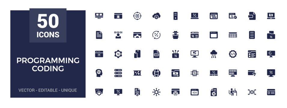 Coding and programming solid icons set. software development icons, filled icon collection, glyph for web and ui. Vector illustration. Editable and pixel perfect.