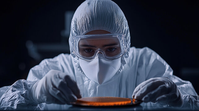 A worker inspecting semiconductor wafers in cleanroom, showcasing precision and focus in high tech environment. atmosphere is sterile and professional, emphasizing importance of quality control