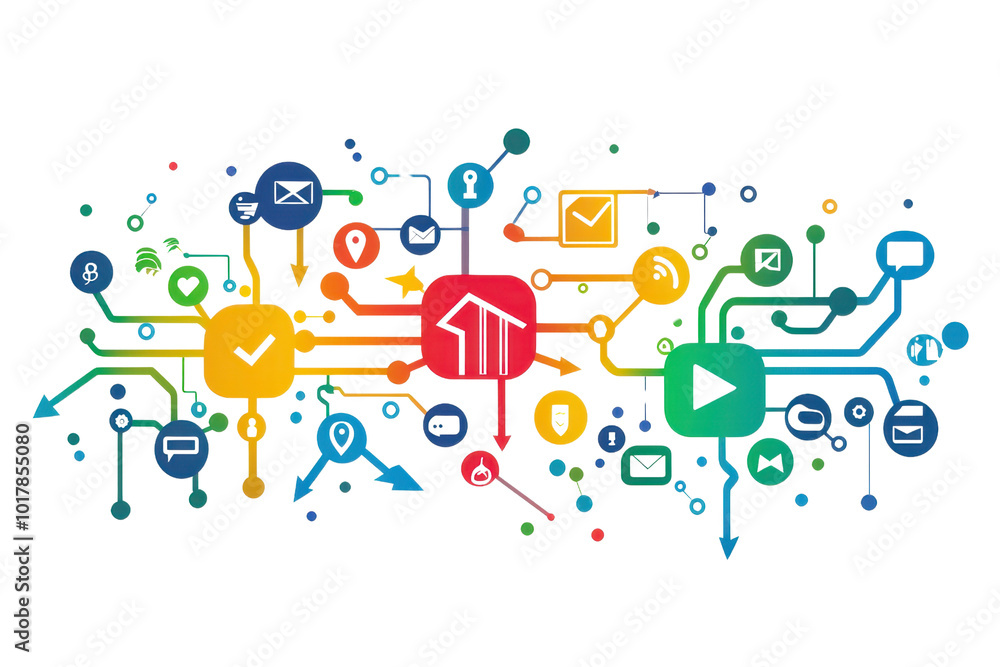 Poster colorful network of digital icons representing technology and connectivity on a transparent backgrou