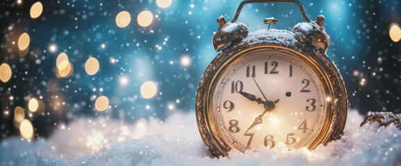 Countdown to New Year's Eve with a vintage clock surrounded by snow and sparkling lights. With copy space for text. Wide web banner.