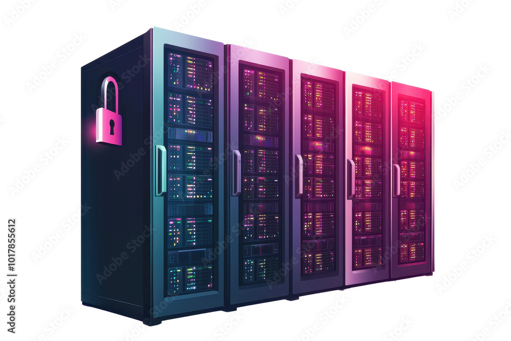 Poster modern server room with secure data rack, neon light, and cyber technology for data storage and prot