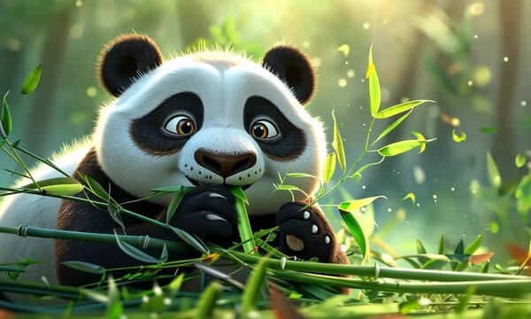 A cartoon panda is eating bamboo in a lush green field Video