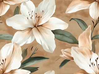 Seamless pattern of elegant white lilies with green leaves on a warm, textured background.