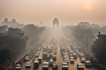 Delhi air pollution, India Gate smog, Urban traffic in Delhi, Smoggy morning at India Gate, Air pollution in New Delhi, Traffic congestion and pollution, Hazy skyline of Delhi Stock Photo.