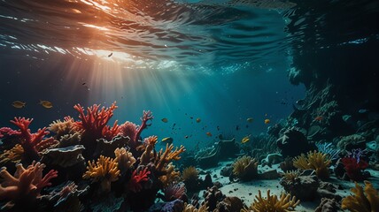 Obraz premium a coral reef with a sunburst of light and a school of fish.