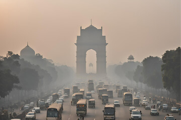 Delhi air pollution, India Gate smog, Urban traffic in Delhi, Smoggy morning at India Gate, Air pollution in New Delhi, Traffic congestion and pollution, Hazy skyline of Delhi Stock Photo.