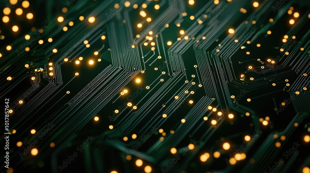 Poster abstract circuit board pattern with glowing lights on a dark background.