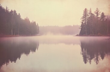 Fototapeta premium A serene lake surrounded by misty trees