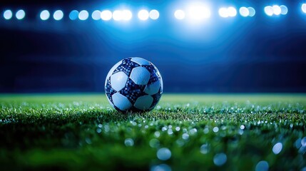 Close-up of a soccer ball on grass under stadium lights at night.