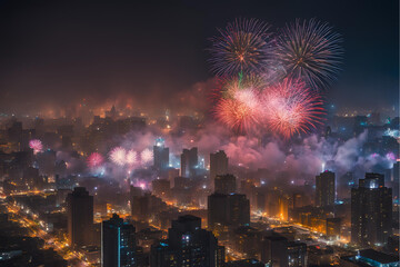 Nighttime cityscape with colorful fireworks, Festive night cityscape with bursting fireworks, Fireworks Pollution Photos.
