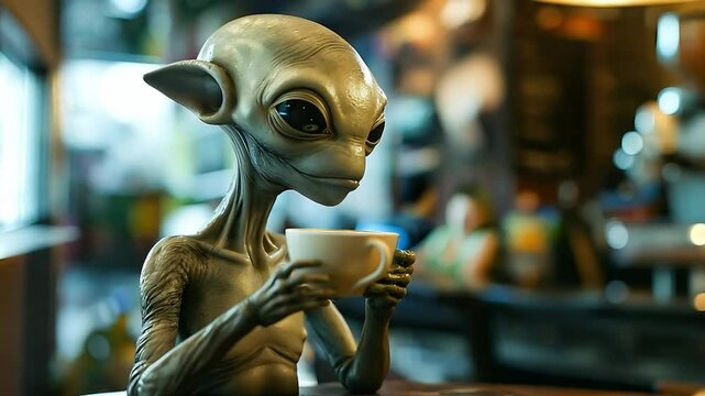 An alien creature enjoying drinking coffee in a coffee shop	