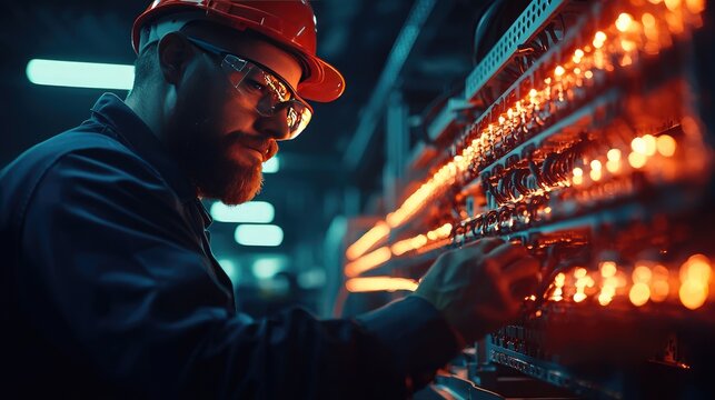 Electrician working on control panel with glowing lights in industrial setting.