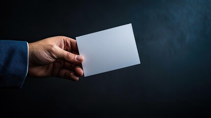 Hand holding a blank card, dark background, suitable for various uses.