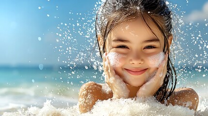 A person applying sunscreen on the beach to prevent skin damage, with the sun shining brightly, sparkling ocean waves, and a joyful, summer vibe. Ultra-Realistic, Photo Realistic, 