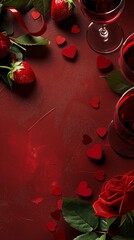 Romantic setting with glasses of red wine, red roses, strawberries on a red background with hearts for a special evening on Valentine's Day. Top view