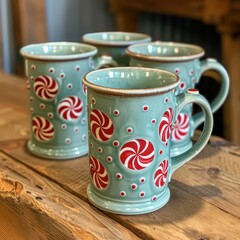 Colorful ceramic mugs with peppermint swirl designs arranged on a rustic wooden table, Ideal for holiday-themed marketing, festive events, or cozy home decor,