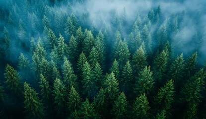 Fototapeta premium Aerial view of a foggy forest, forest landscape, green trees