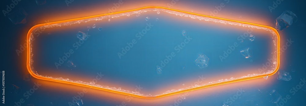 Poster orange, hexagonal neon light outline set on a cold, icy surface with scattered transparent ice chunk