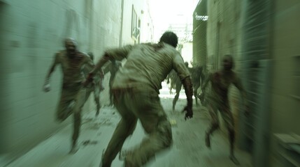 Fototapeta premium Thrilling Zombie Outbreak Escape: Survivor Running from Pursuing Undead in Dark Alley with Cinematic Lighting