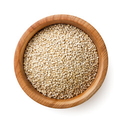 Quinoa grains in a wooden plate on a white background. Top view.