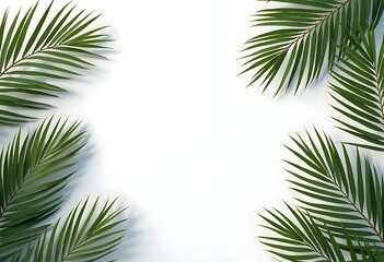 Obraz premium Tropical palm leaves with shadow in frame on white background with copy space