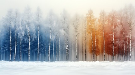 Fototapeta premium A misty winter forest with a row of birch trees.