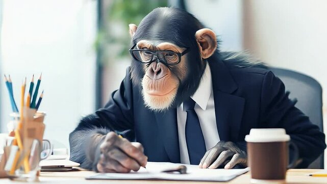 A chimpanzee monkey businessman in suit and tie at office. Suggesting intelligence, Education or business humor	