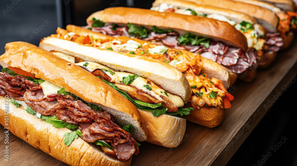 Wall mural Close-up of a variety of delicious, freshly made sub sandwiches with different meats, cheeses, and garnishes neatly arranged on a wooden surface.