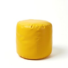 Yellow leather round pouf chair or beanbag isolated on white background