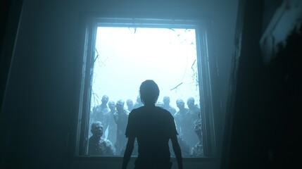 Fototapeta premium Survivor's Resolve in Zombie Outbreak - Cinematic Lighting Shot of Human Facing Undead Horde through Shattered Window