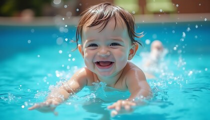 Portrait of a smiling cute baby swimming in the swimming pool in summer day