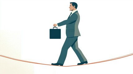 A businessman balancing on a tightrope holding a briefcase, risk and balance concept, vector illustration, muted color palette, isolated on white background., minimalist,